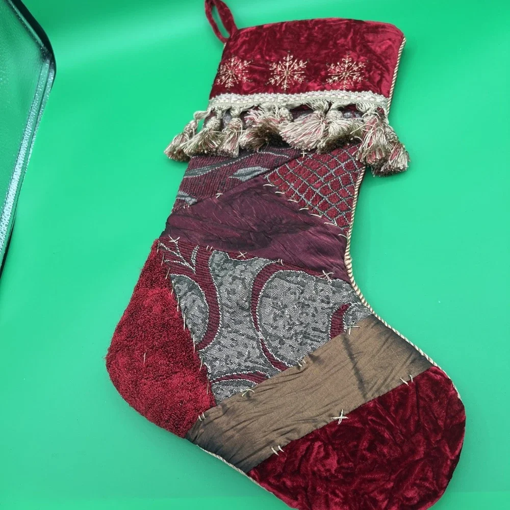 Christmas Stocking quilted Tapestry Tassels‎ Satin Ribbon Mixed Fabrics 18